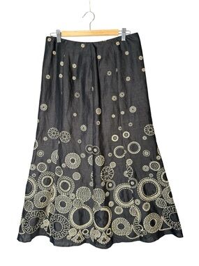 Planet 100% Linen Maxi Skirt Embroidered Geometric Artsy  Lagenlook Scandi 10